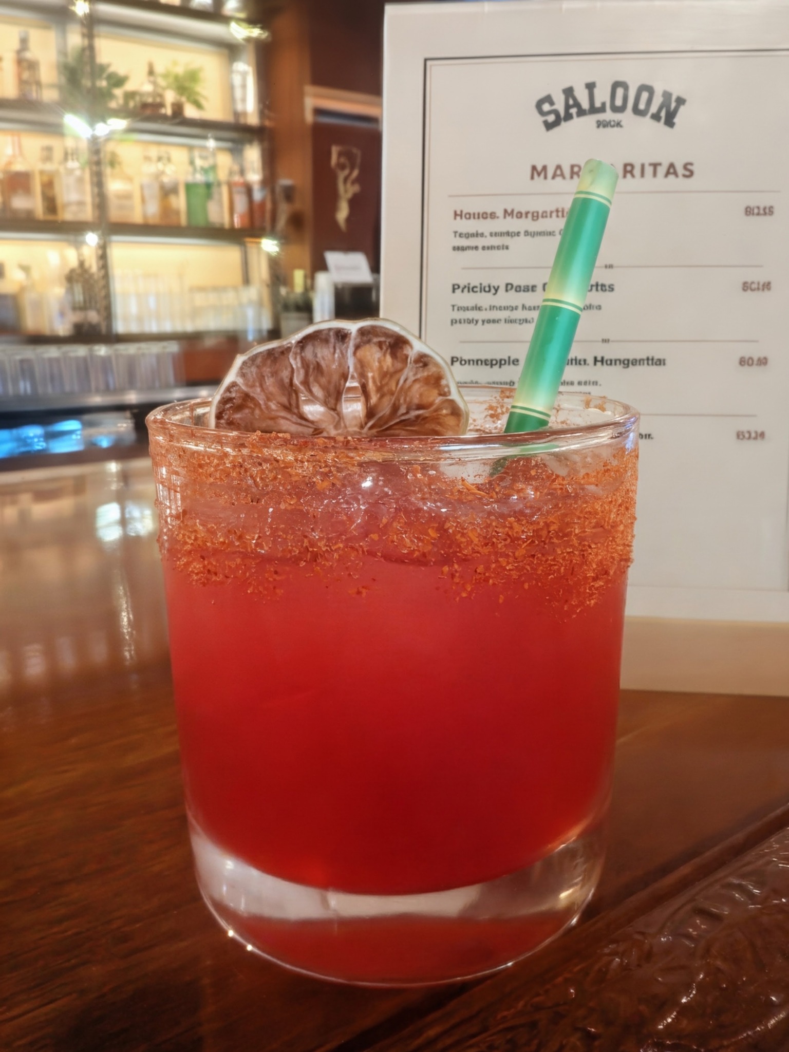A colorful margarita served on the real wooden bar at Saloon 1904